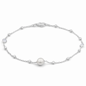 Sterling Silver Simulated Pearl   Zirconia Fancy Bracelet 19cm