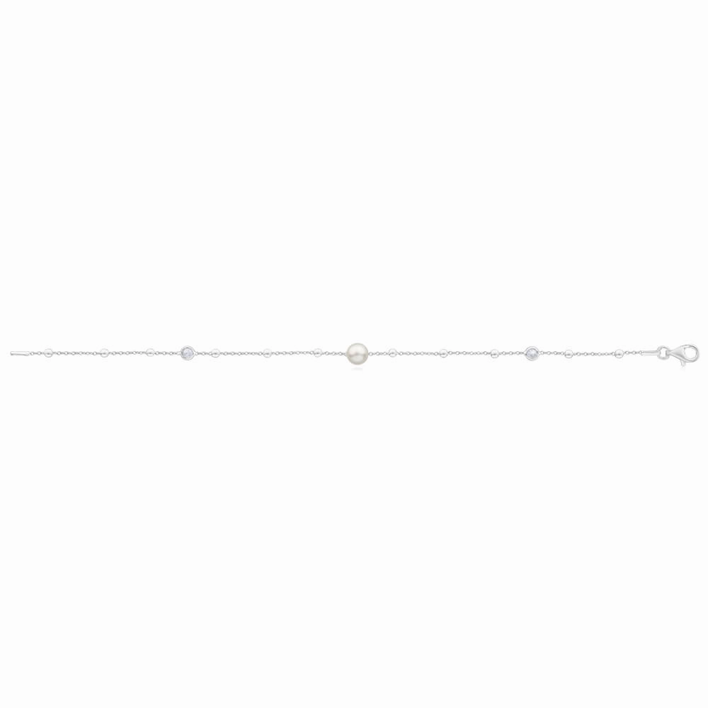 Sterling Silver Simulated Pearl   Zirconia Fancy Bracelet 19cm