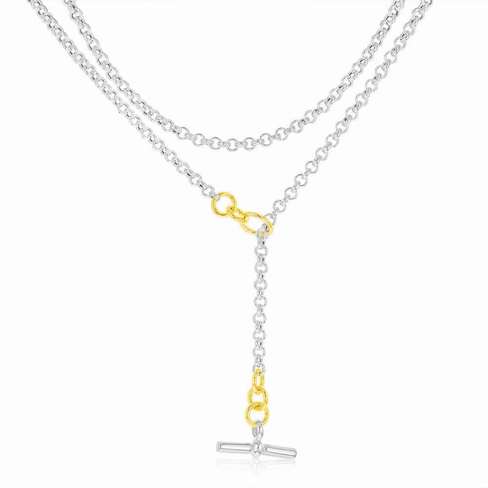 Sterling Silver Two Tone T Bar Clasp Fancy 90cm Chain