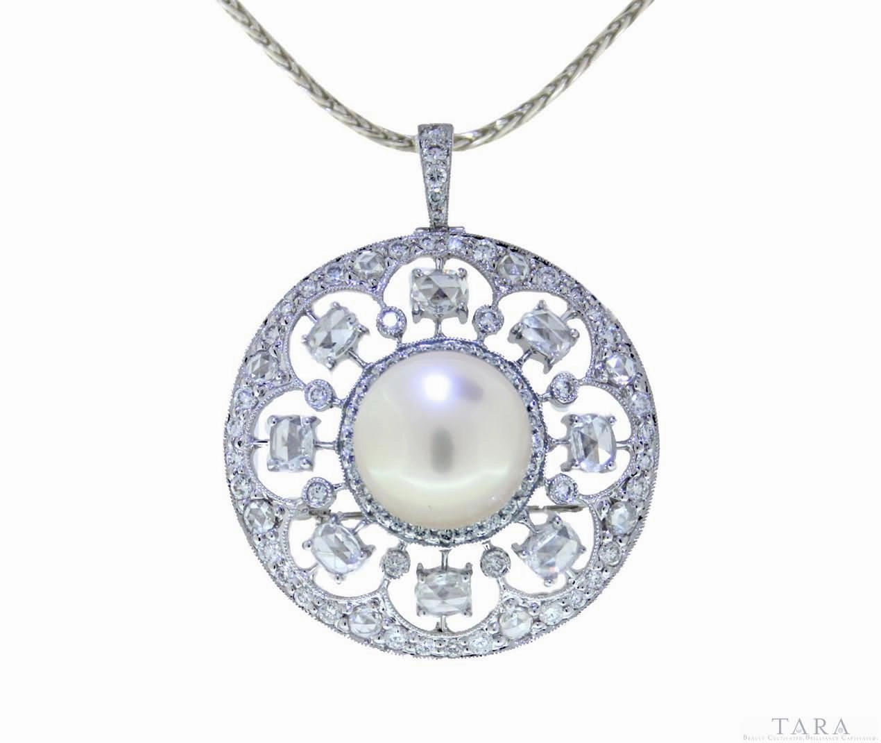 Tara 11-12mm Open Work White South Sea Pearl and Diamond Pin/Pendant