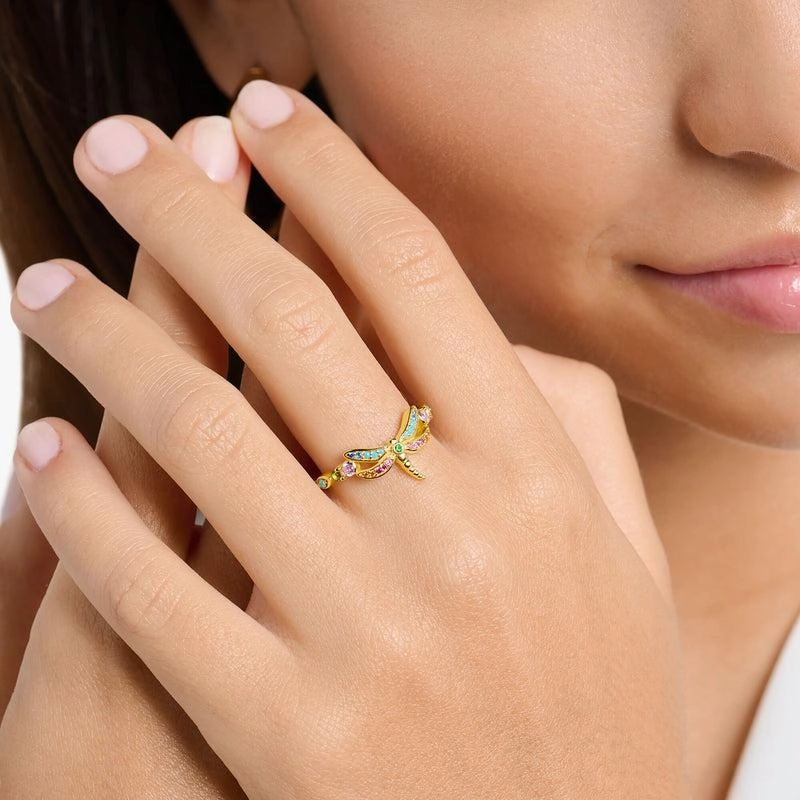 Thomas Sabo Ring - Dragonfly With Coloured Stones - Gold