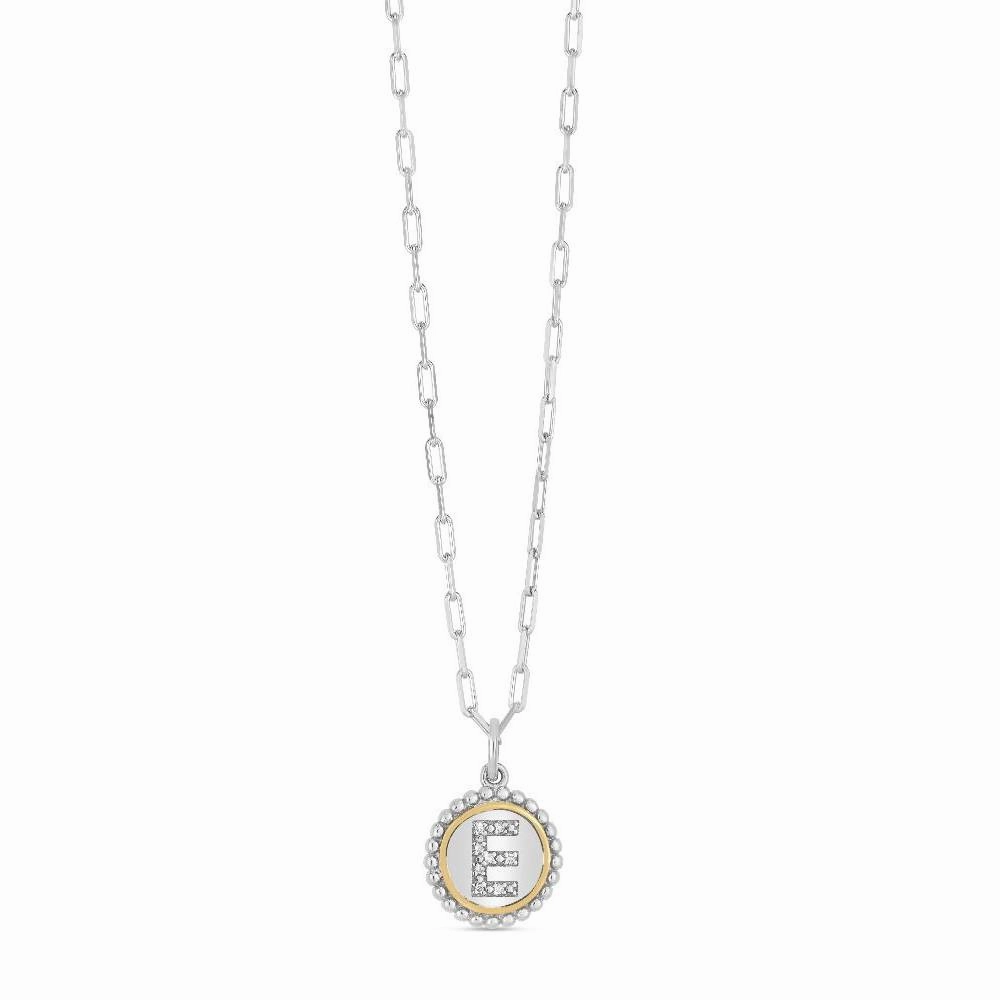 Two-Tone 20" Round Beaded Edge Initial "E" Pave Diamond Disc Pendant Necklace
