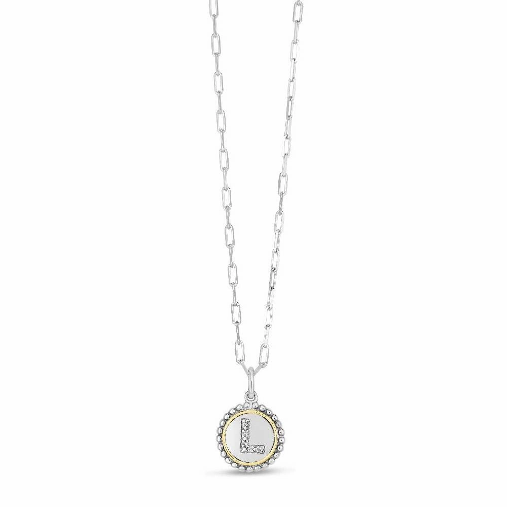 Two-Tone 20" Round Beaded Edge Initial "L" Pave Diamond Disc Pendant Necklace