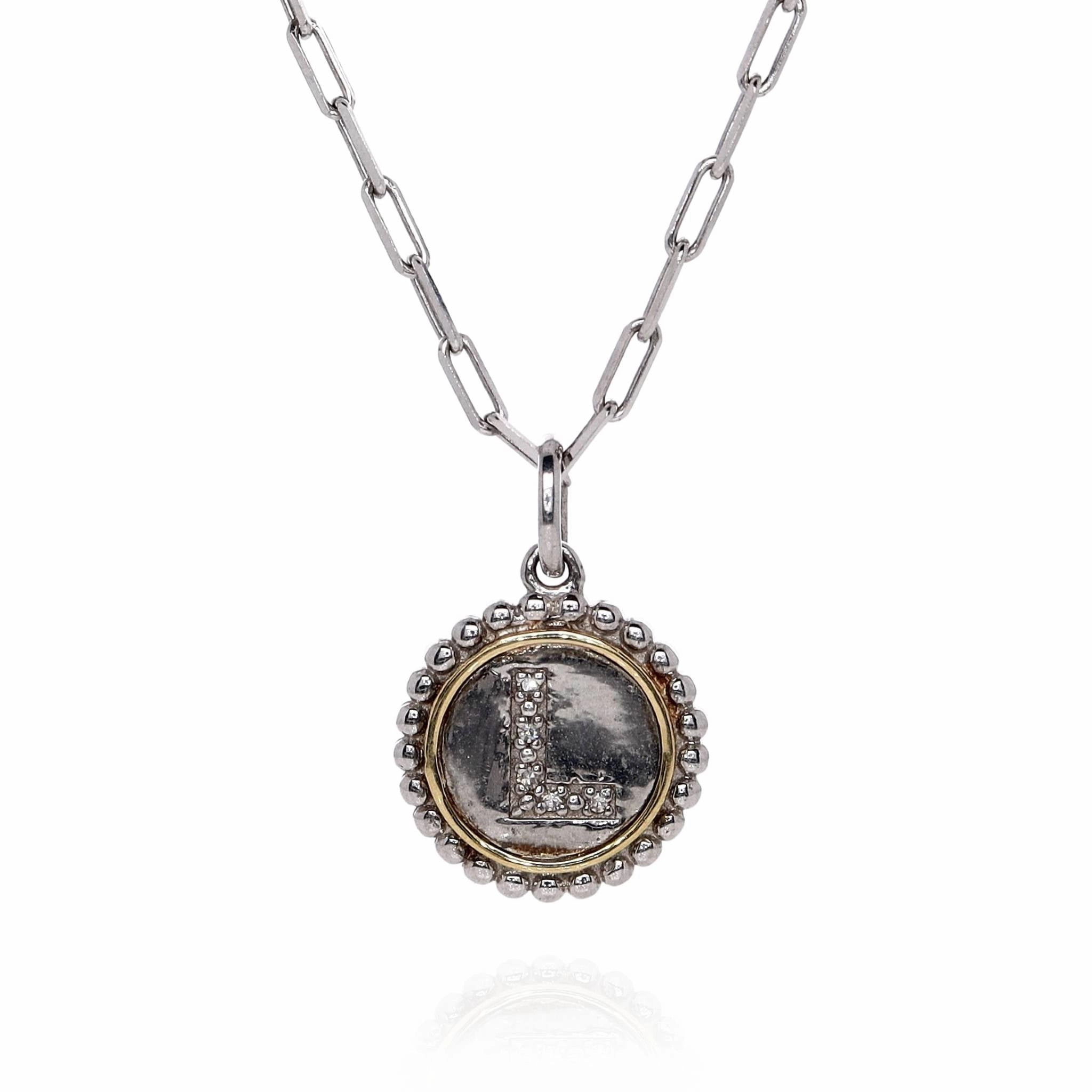 Two-Tone 20" Round Beaded Edge Initial "L" Pave Diamond Disc Pendant Necklace