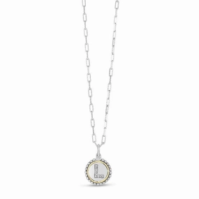 Two-Tone 20" Round Beaded Edge Initial "L" Pave Diamond Disc Pendant Necklace