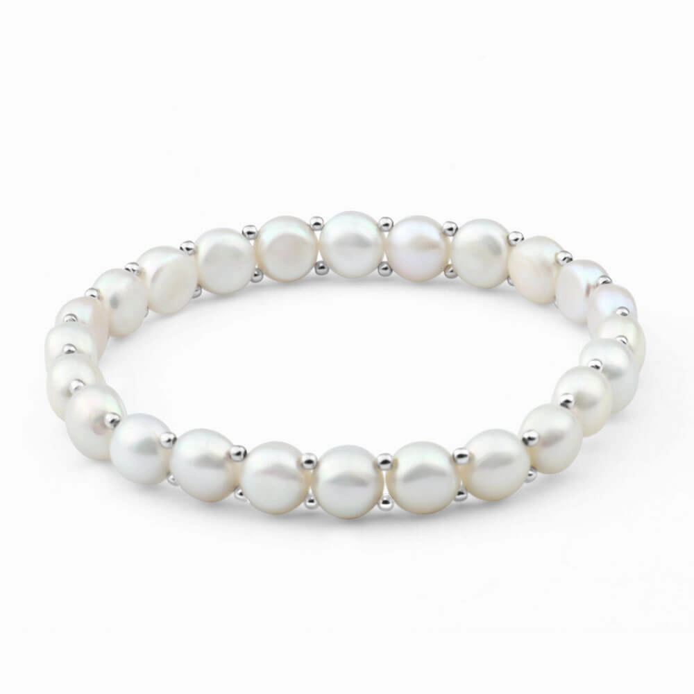 White Freshwater Flat Pearl Stretch Bracelet with Sterling Silver Beads