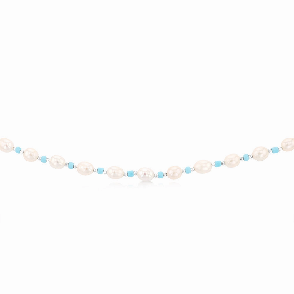 White Freshwater Pearl 42-47cm Adjustable Chain with Blue & Silver Beads in Sterling Silver
