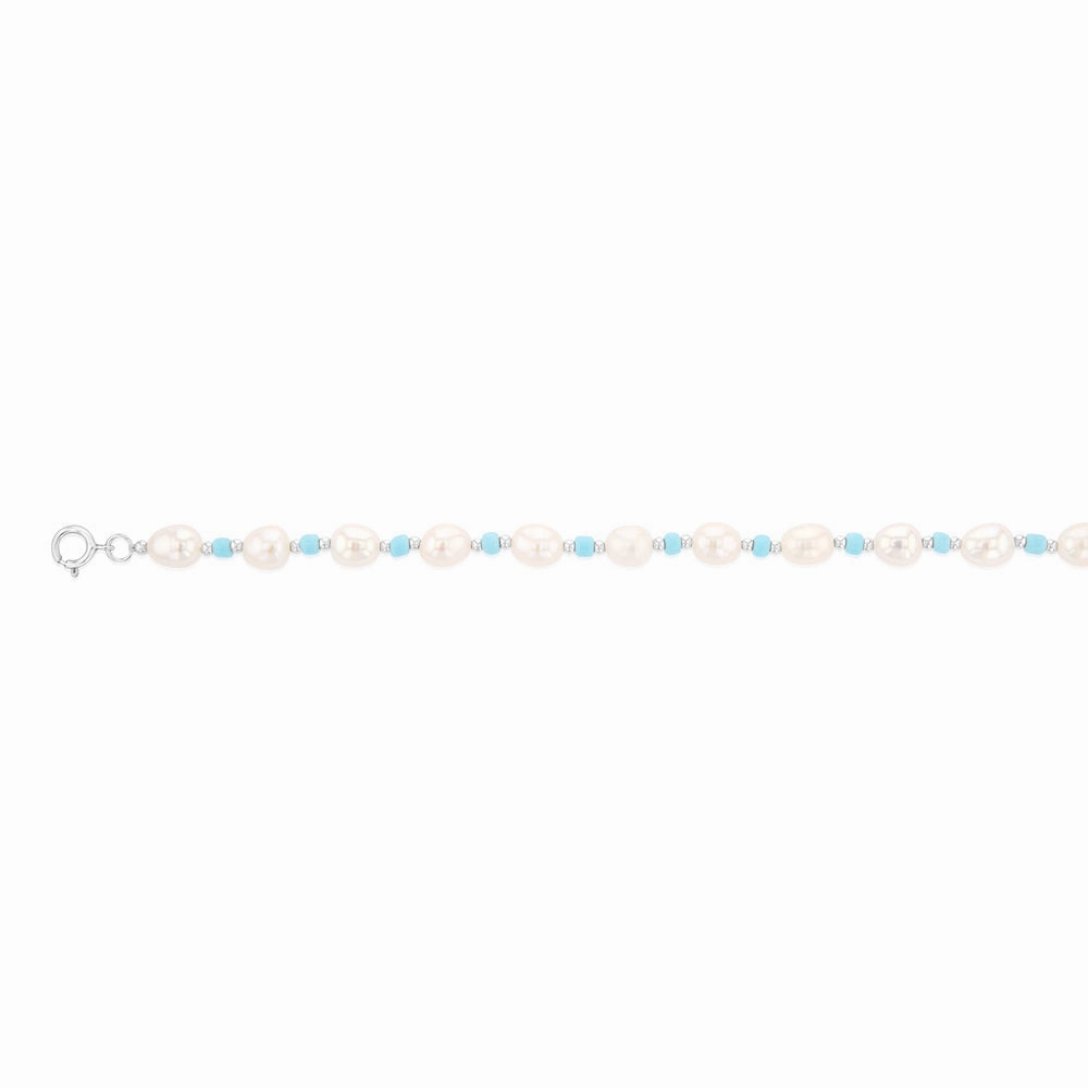 White Freshwater Pearl Bracelet with Blue & Silver Beads in Sterling Silver