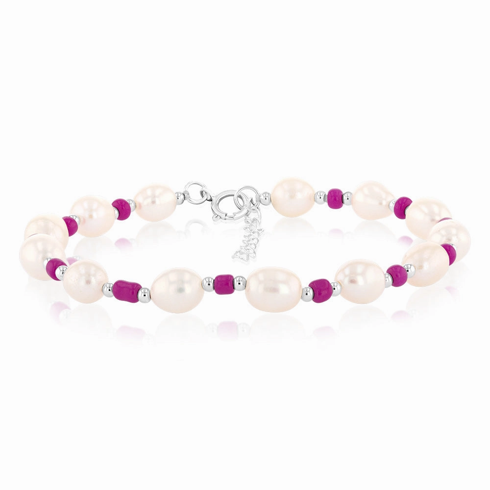 White Freshwater Pearl Bracelet with Pink & Silver Beads in Sterling Silver