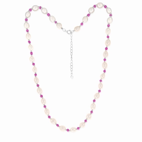 White Freshwater Pearl Chain with Pink & Silver Beads in Sterling Silver